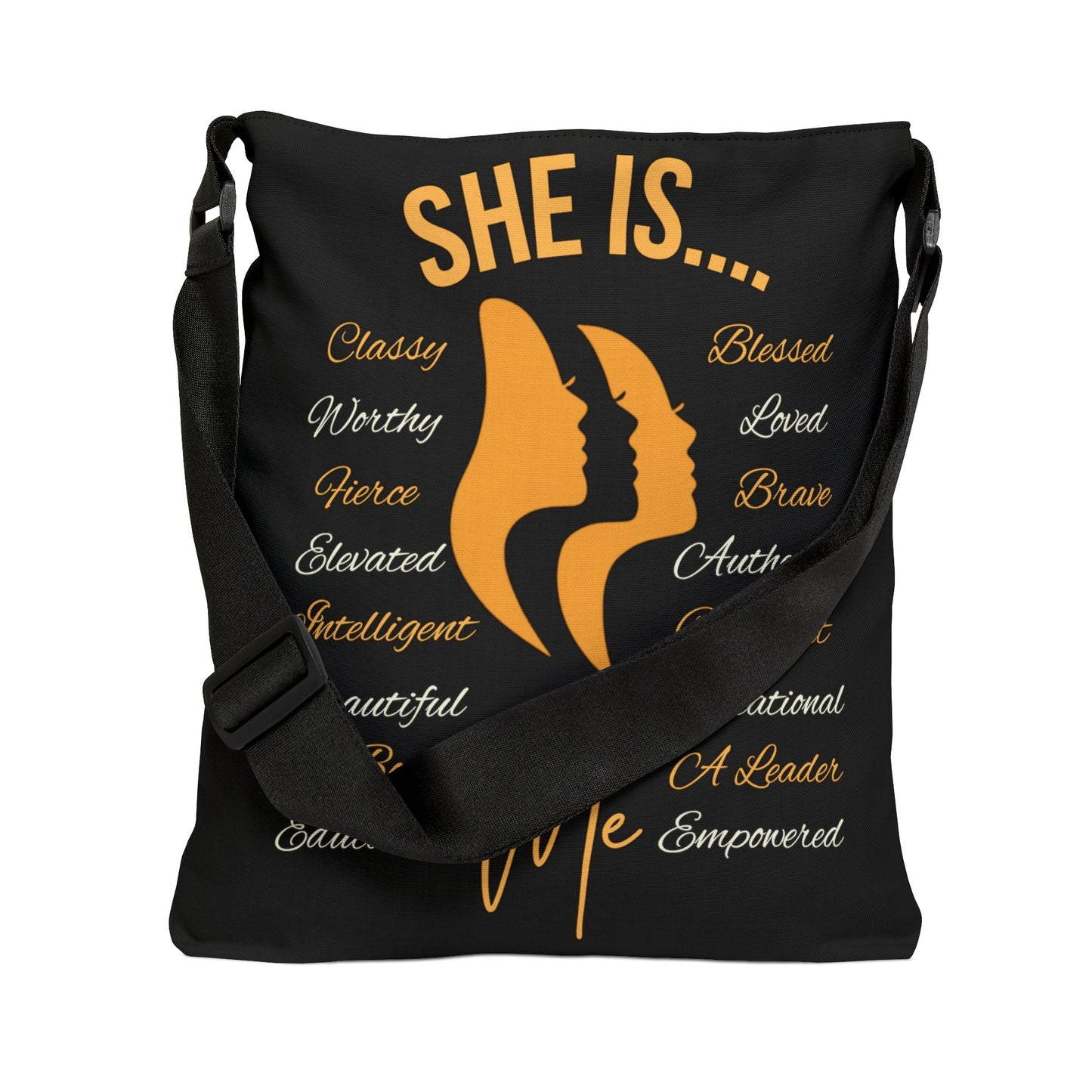 She Is... Adjustable Tote Bag (AOP) Apricot & Cream