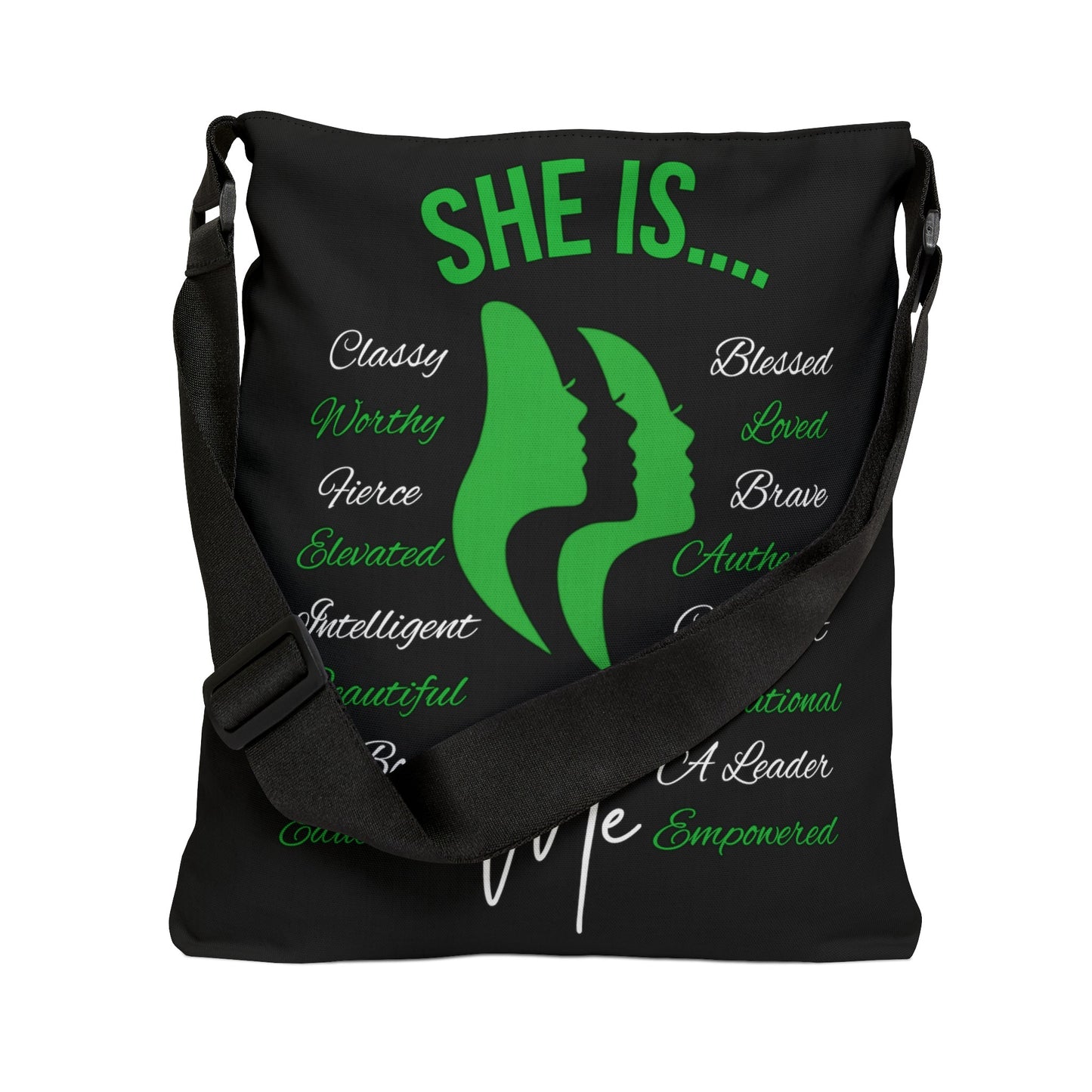 She Is... Adjustable Tote Bag (AOP) Green & White