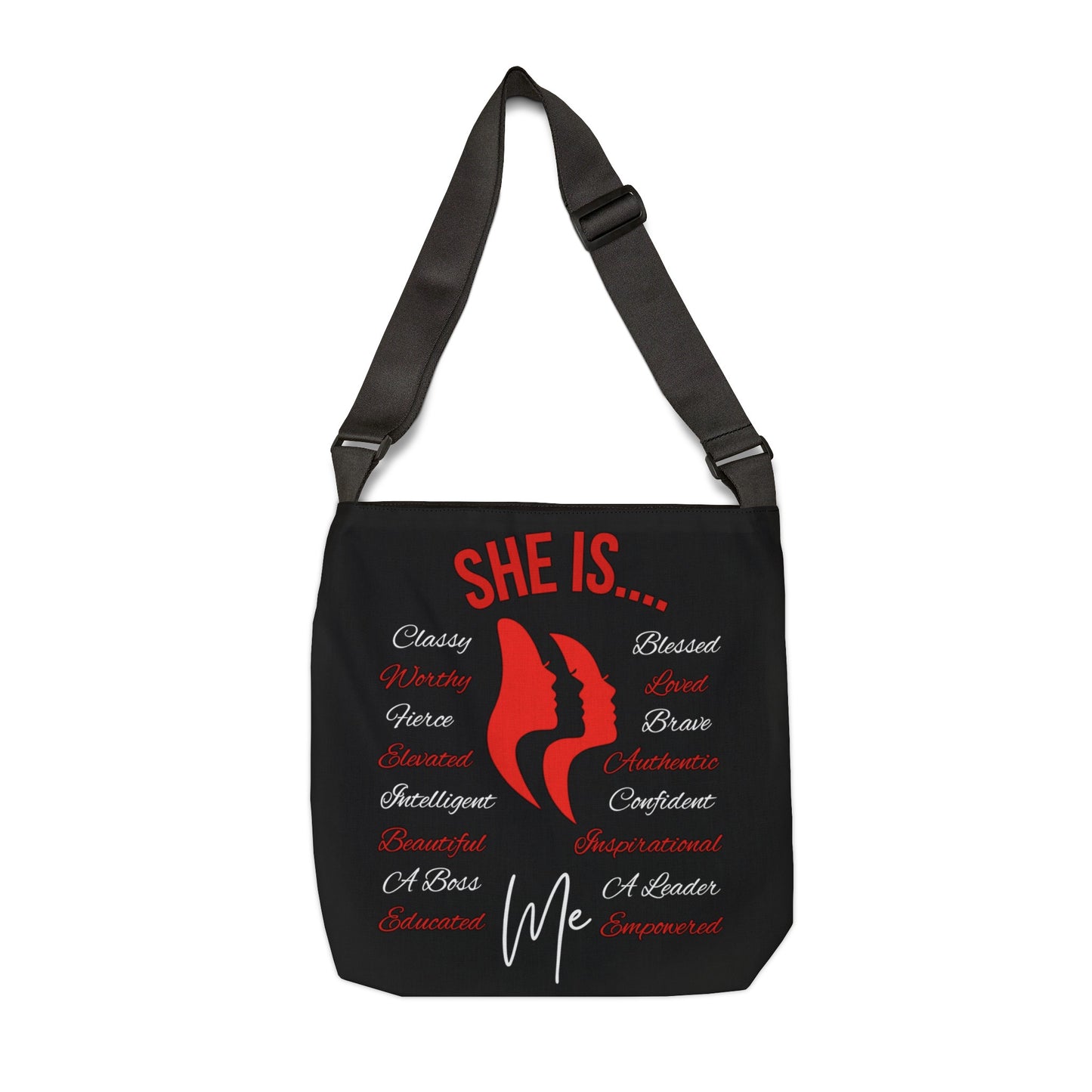 She Is... Adjustable Tote Bag (AOP) Red & White