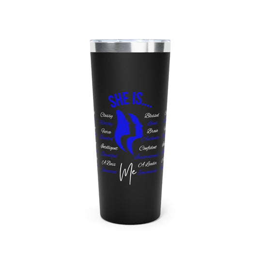 She Is... Copper Vacuum Insulated Tumbler, 22oz Blue & White