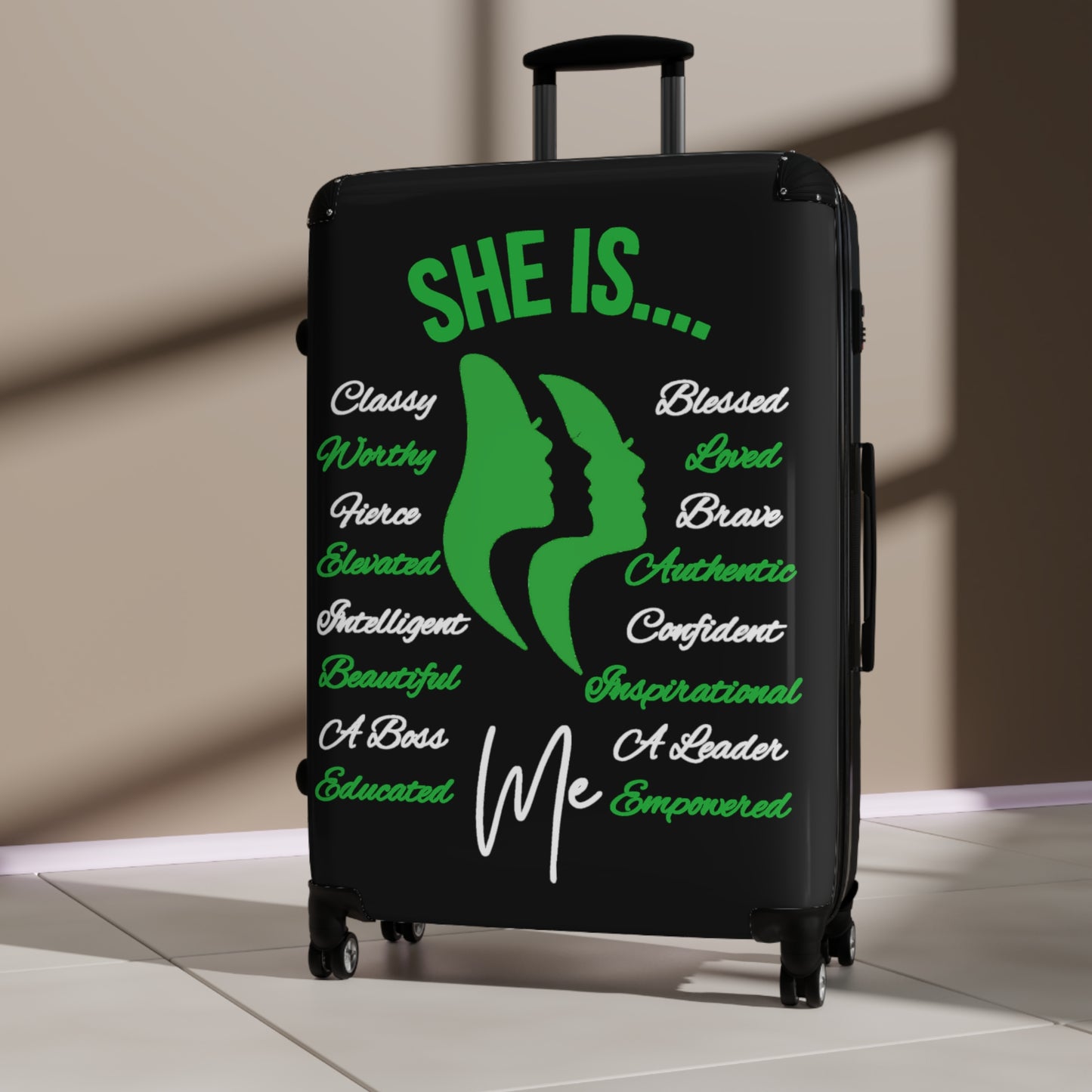 She Is...Travel Luggage Green & White