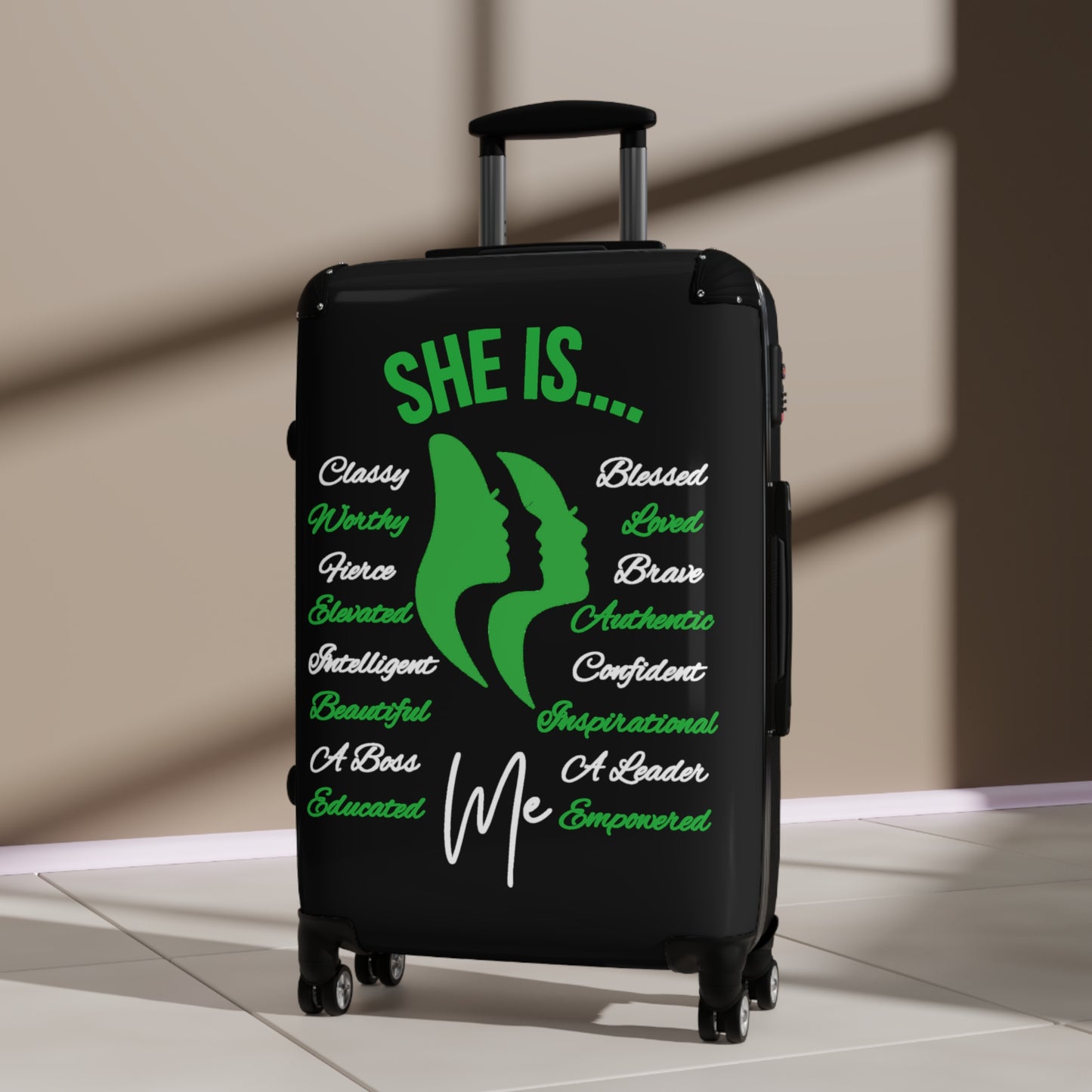 She Is...Travel Luggage Green & White