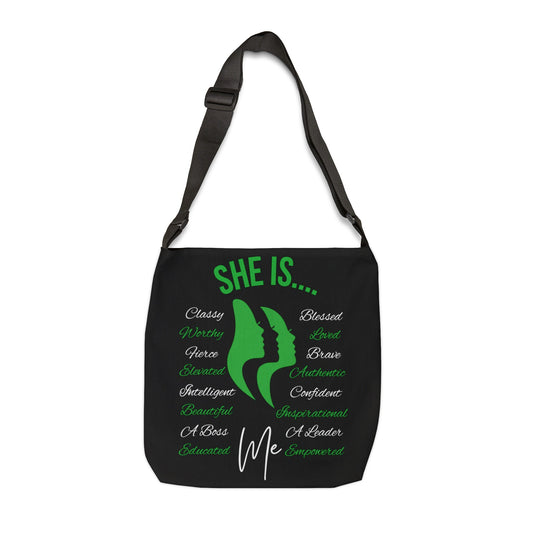 She Is... Adjustable Tote Bag (AOP) Green & White