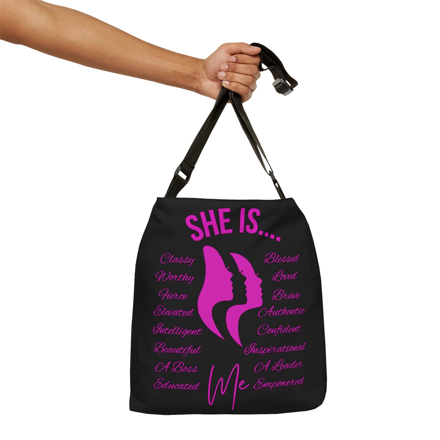 She Is... Adjustable Tote Bag (AOP) Fuchsia