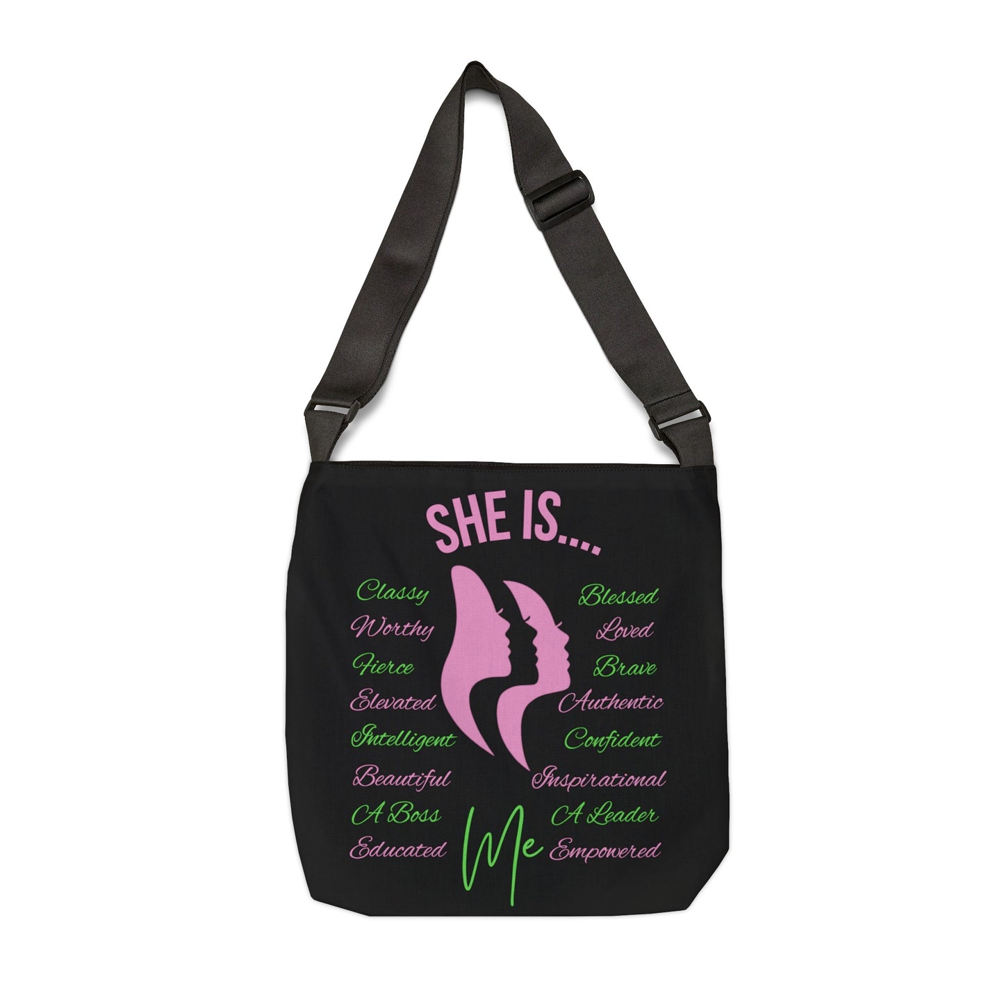 She Is... Adjustable Tote Bag (AOP) Pink & Green