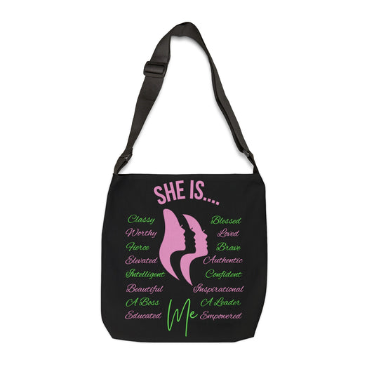 She Is... Adjustable Tote Bag (AOP) Pink & Green