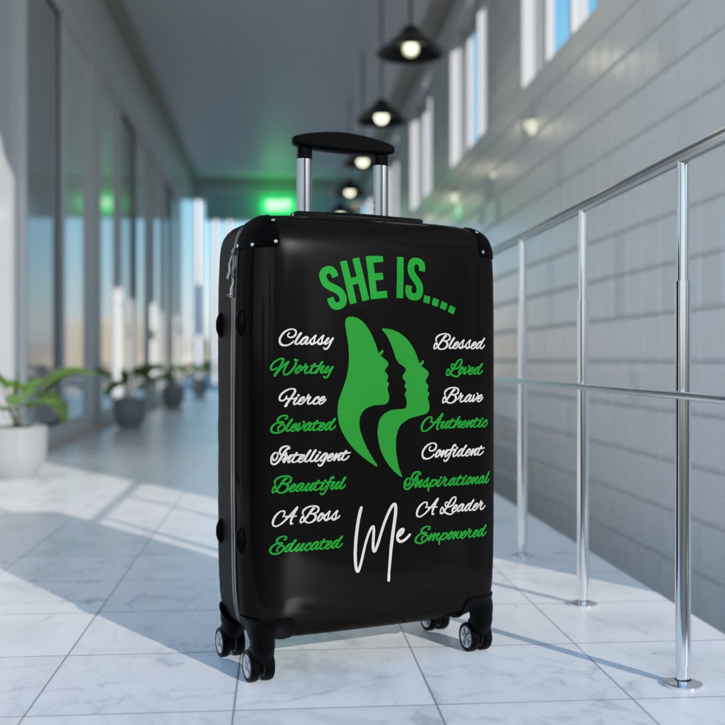 She Is...Travel Luggage Green & White