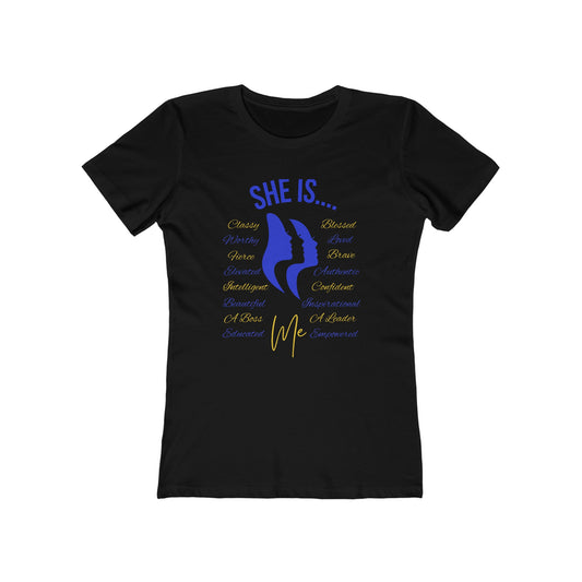 She Is... Inspirational Boyfriend Tee for Women Blue & Yellow