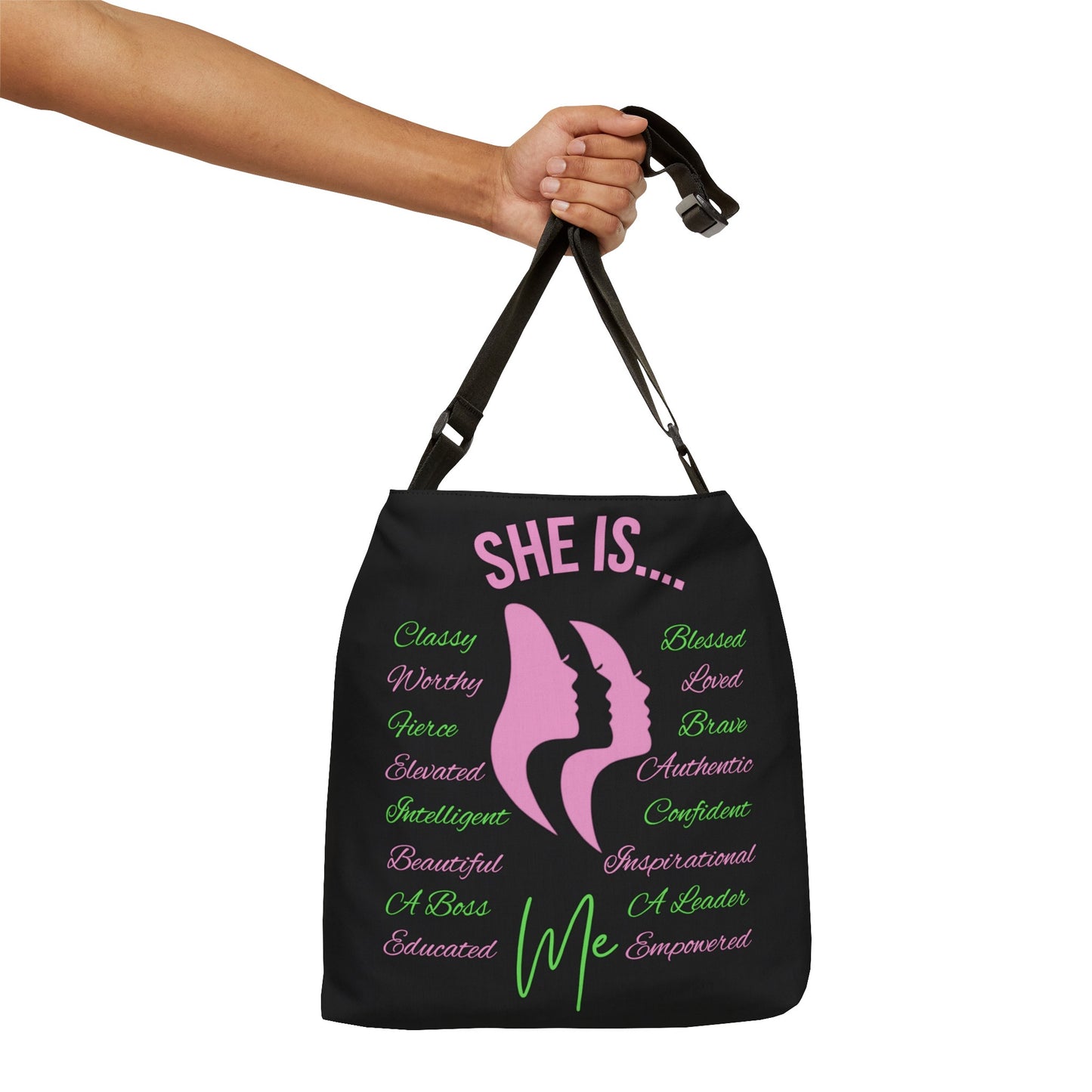 She Is... Adjustable Tote Bag (AOP) Pink & Green