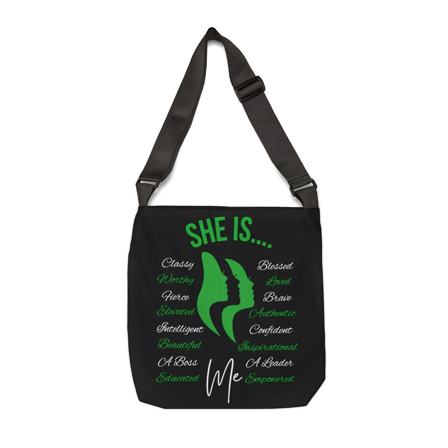 She Is... Adjustable Tote Bag (AOP) Green & White