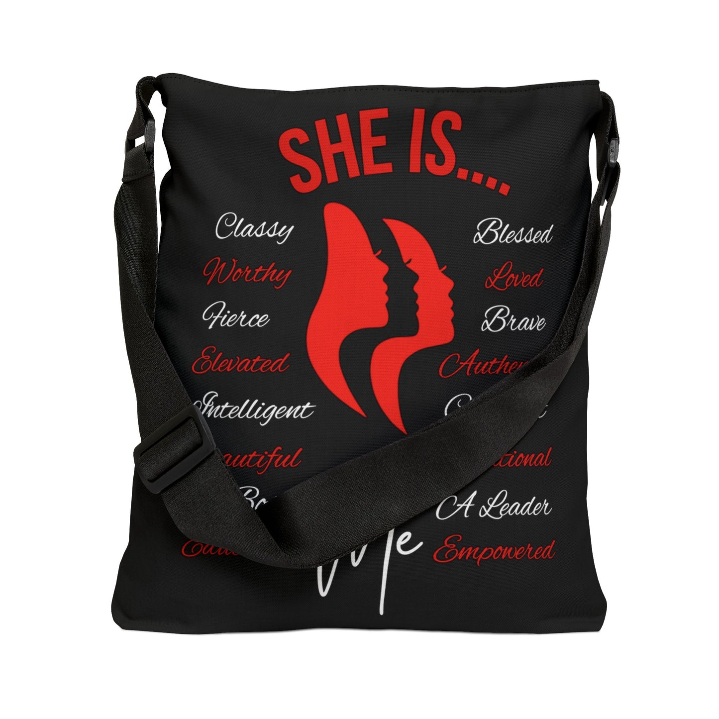 She Is... Adjustable Tote Bag (AOP) Red & White