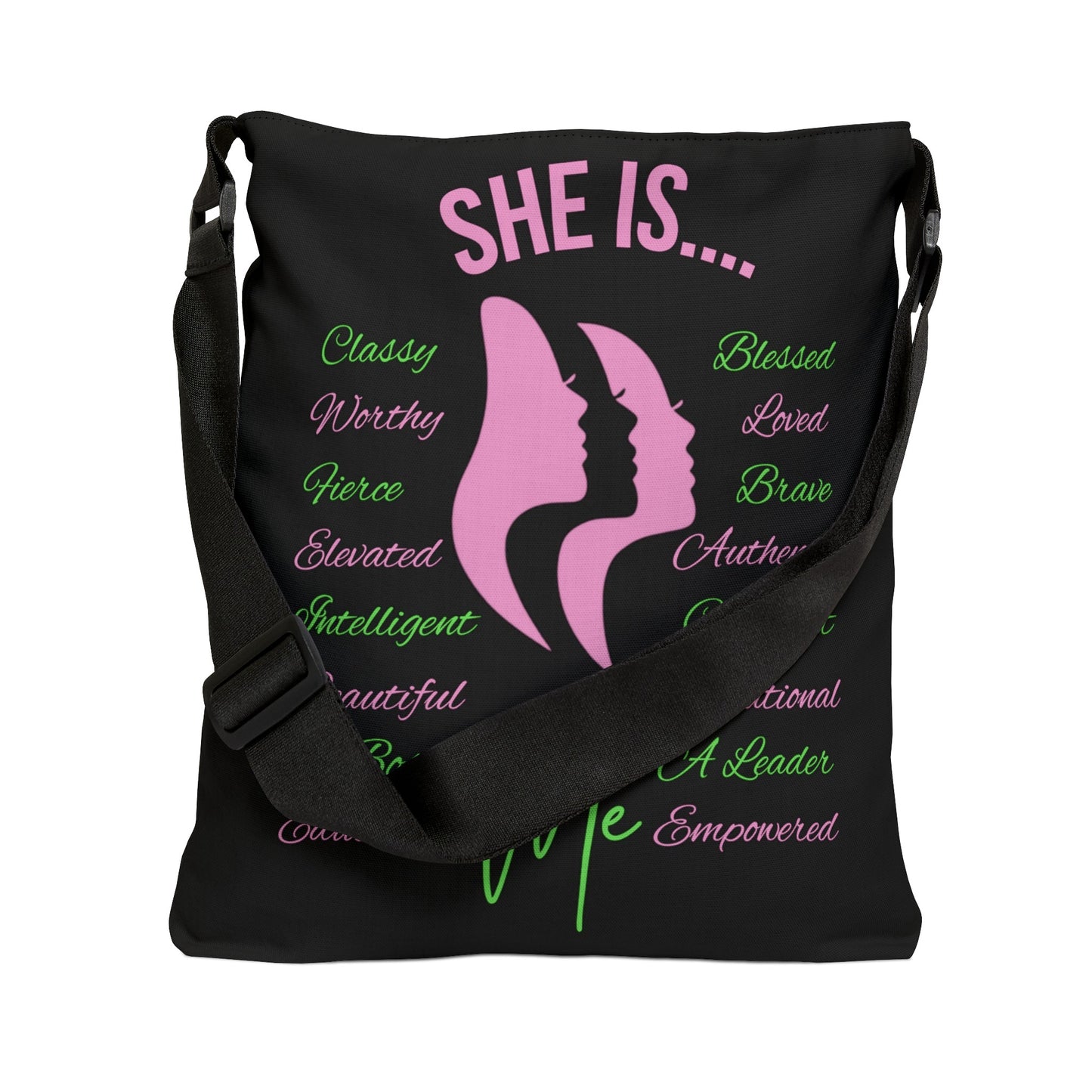 She Is... Adjustable Tote Bag (AOP) Pink & Green