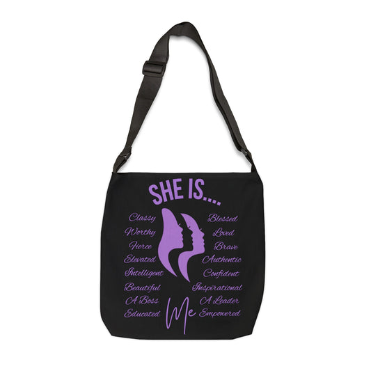 She Is... Adjustable Tote Bag (AOP) Purple