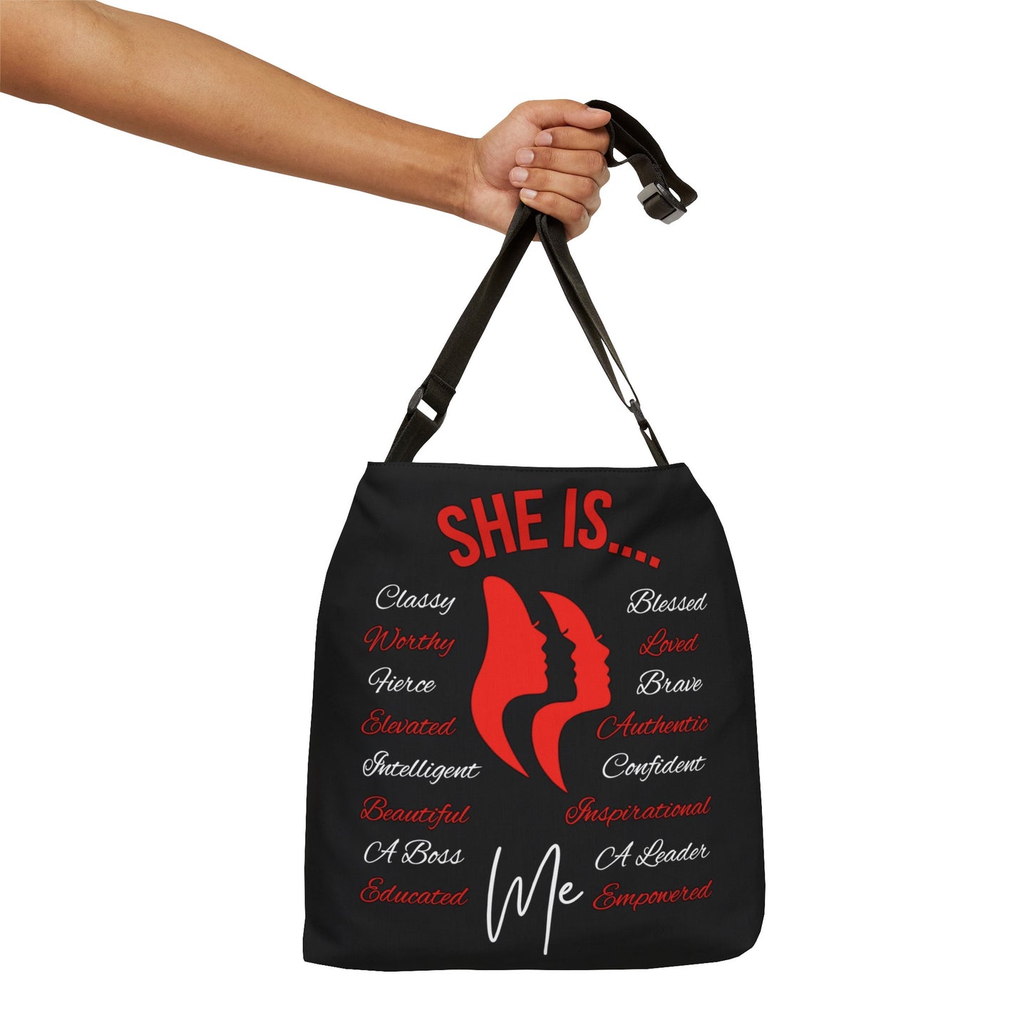 She Is... Adjustable Tote Bag (AOP) Red & White