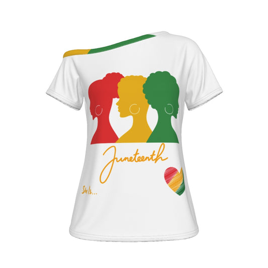 She Is...Juneteenth White All-Over Print Women's Off-Shoulder T-shirt