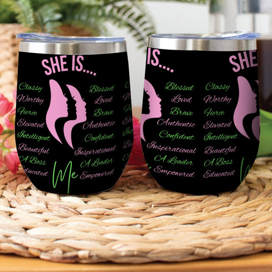 She Is...Stainless Steel Wine Tumbler Pink & Green