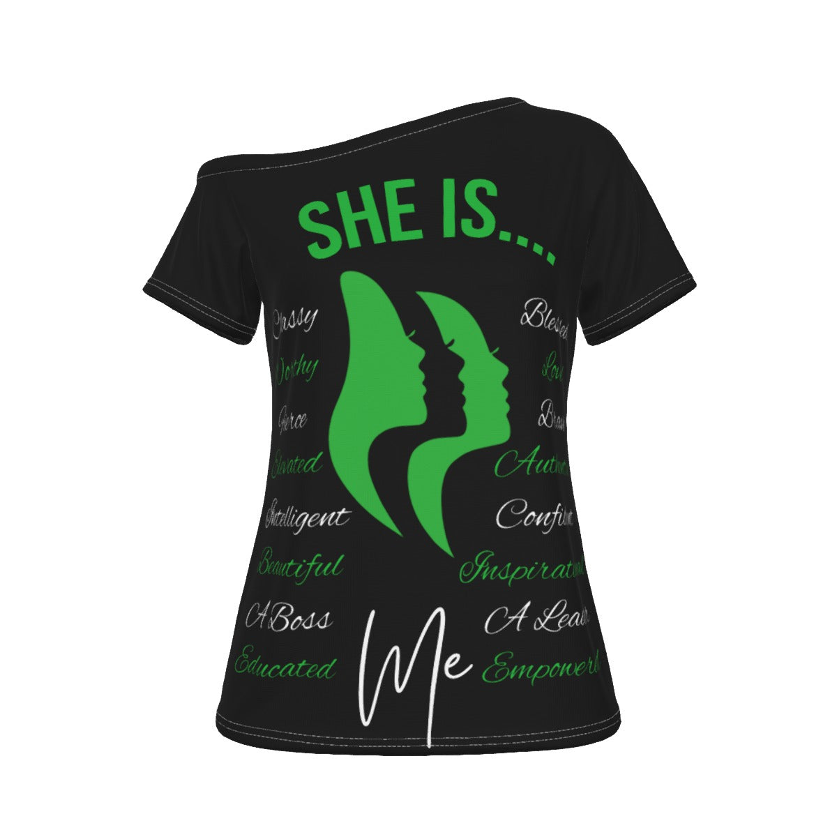 She Is...Jersey All-Over Print Women's Off-Shoulder T-shirt Green & White