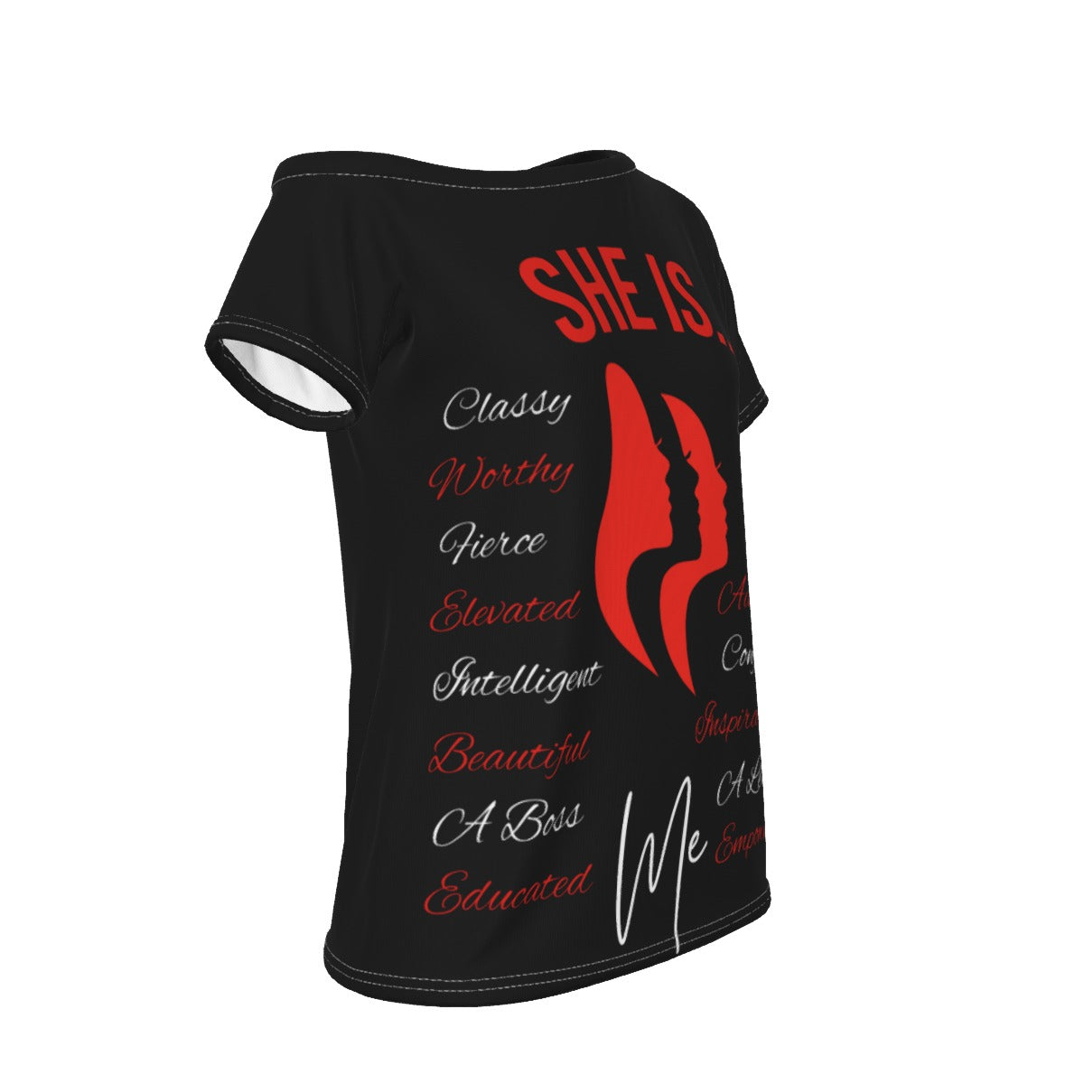 She Is...Jersey All-Over Print Women's Off-Shoulder T-shirt Red & White