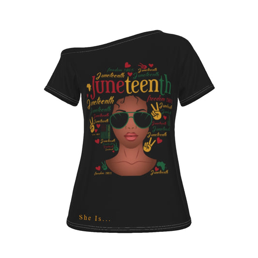 She Is...Juneteenth Face All-Over Print Women's Off-Shoulder T-shirt