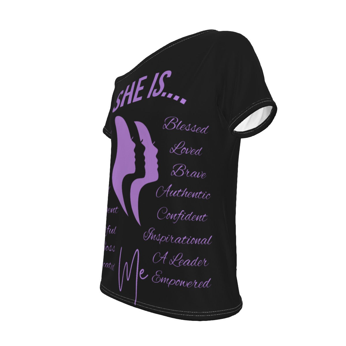 She Is...Jersey All-Over Print Women's Off-Shoulder T-shirt Purple