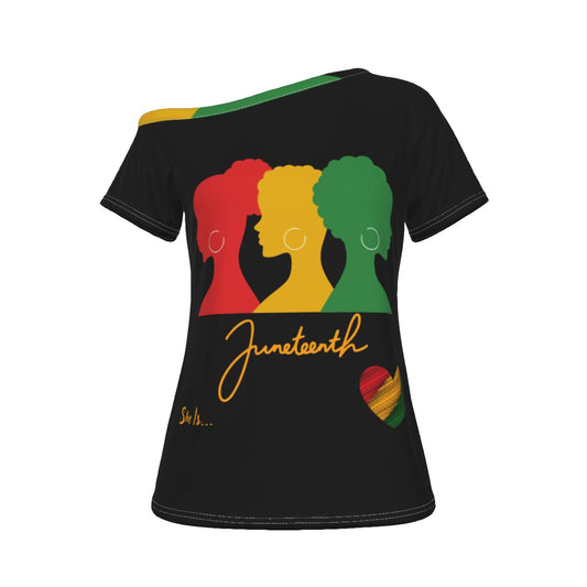 She Is...Juneteenth Black All-Over Print Women's Off-Shoulder T-shirt