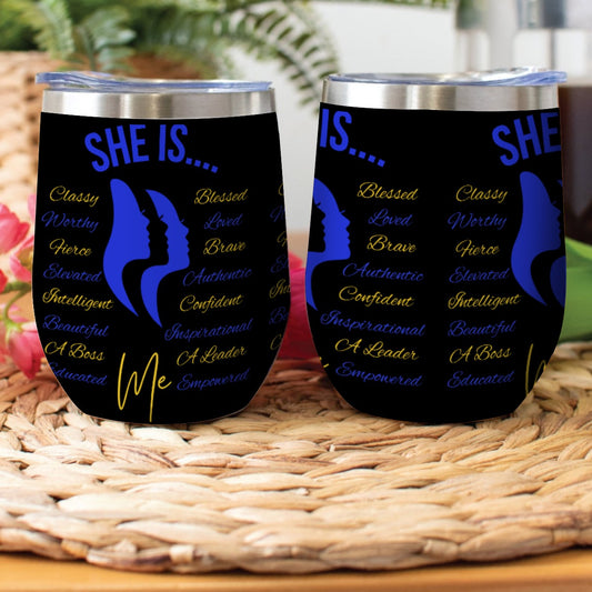 She Is...Stainless Steel Wine Tumbler Blue & Yellow