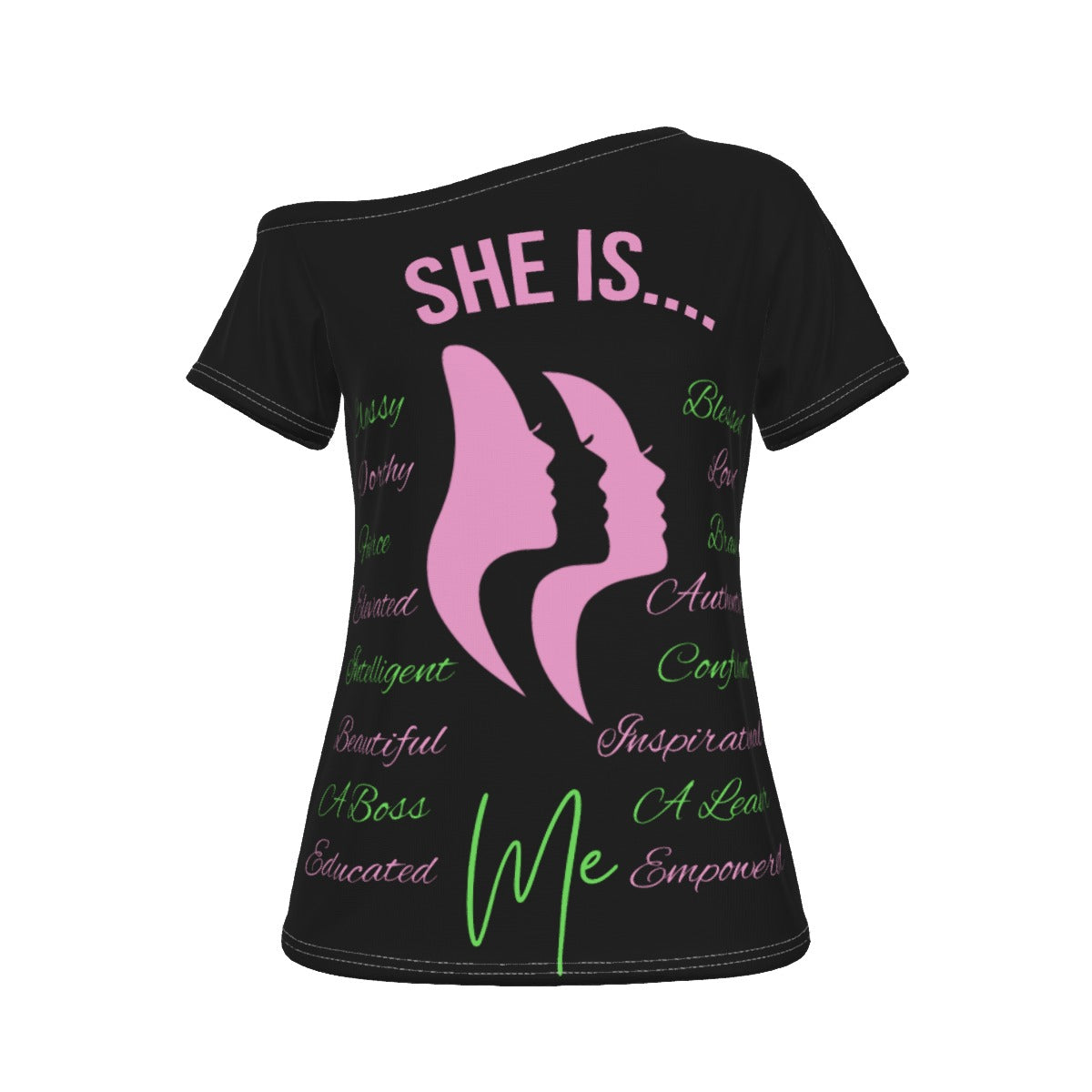 She Is...Jersey All-Over Print Women's Off-Shoulder T-shirt Pink & Green