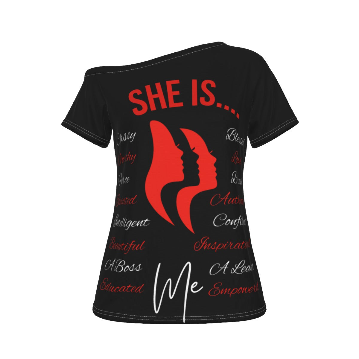 She Is...Jersey All-Over Print Women's Off-Shoulder T-shirt Red & White