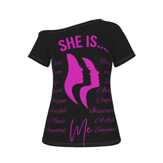 She Is...Jersey All-Over Print Women's Off-Shoulder T-shirt Fuchsia