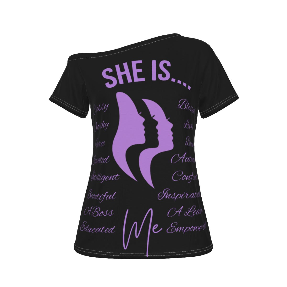 She Is...Jersey All-Over Print Women's Off-Shoulder T-shirt Purple