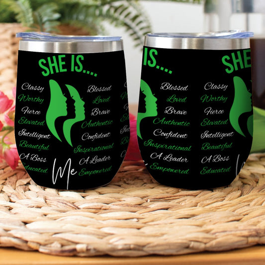 She Is...Stainless Steel Wine Tumbler Green & White