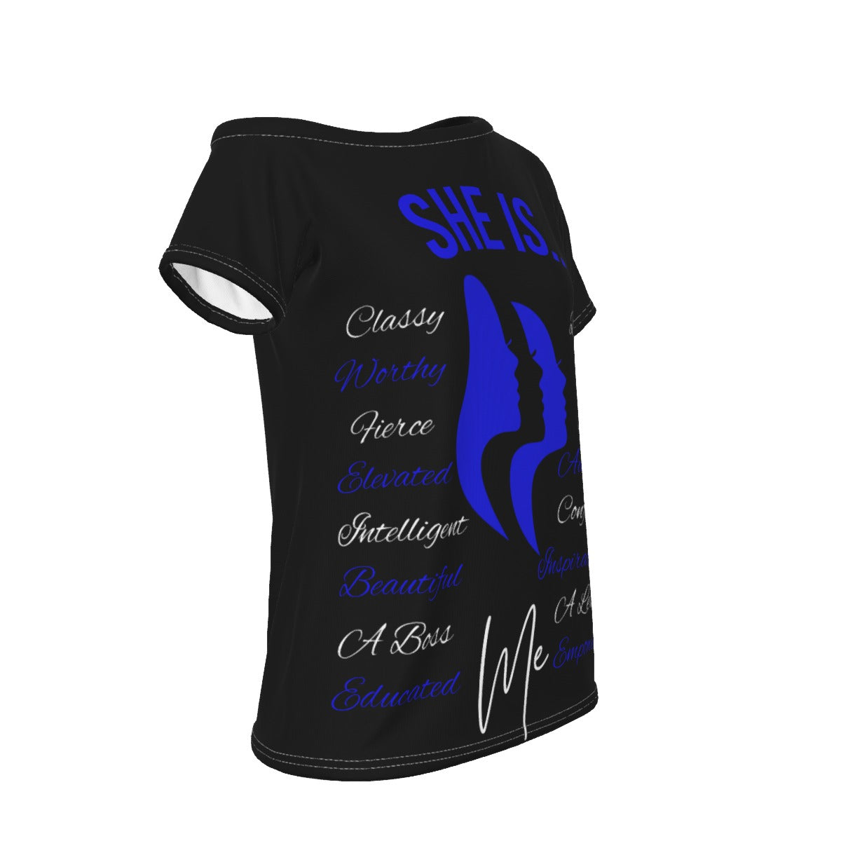 She Is...Jersey All-Over Print Women's Off-Shoulder T-shirt Blue & White