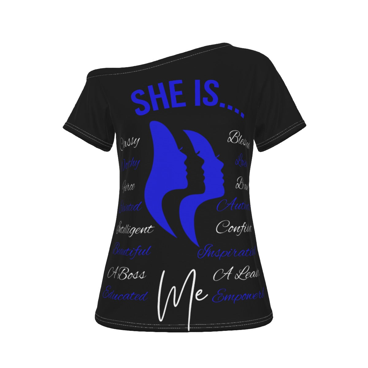 She Is...Jersey All-Over Print Women's Off-Shoulder T-shirt Blue & White