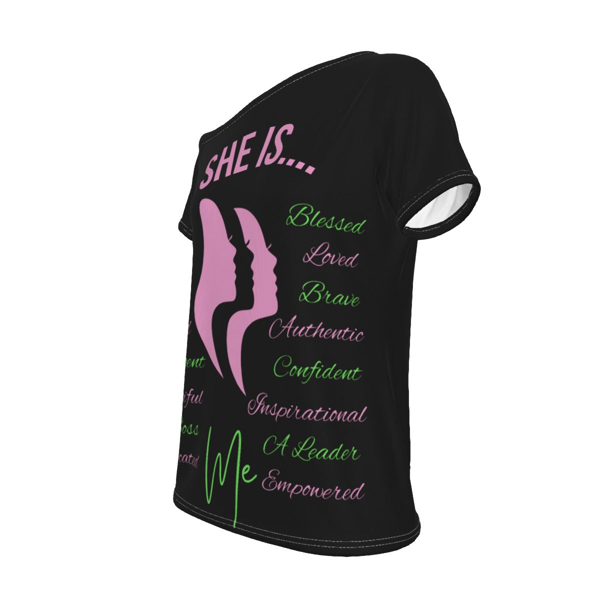 She Is...Jersey All-Over Print Women's Off-Shoulder T-shirt Pink & Green