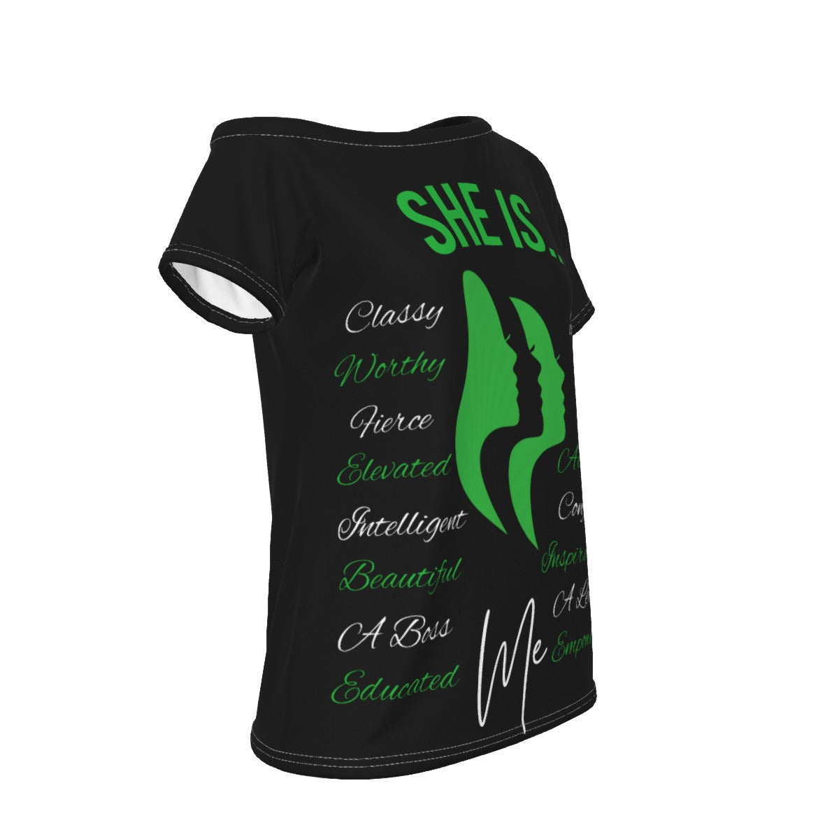 She Is...Jersey All-Over Print Women's Off-Shoulder T-shirt Green & White