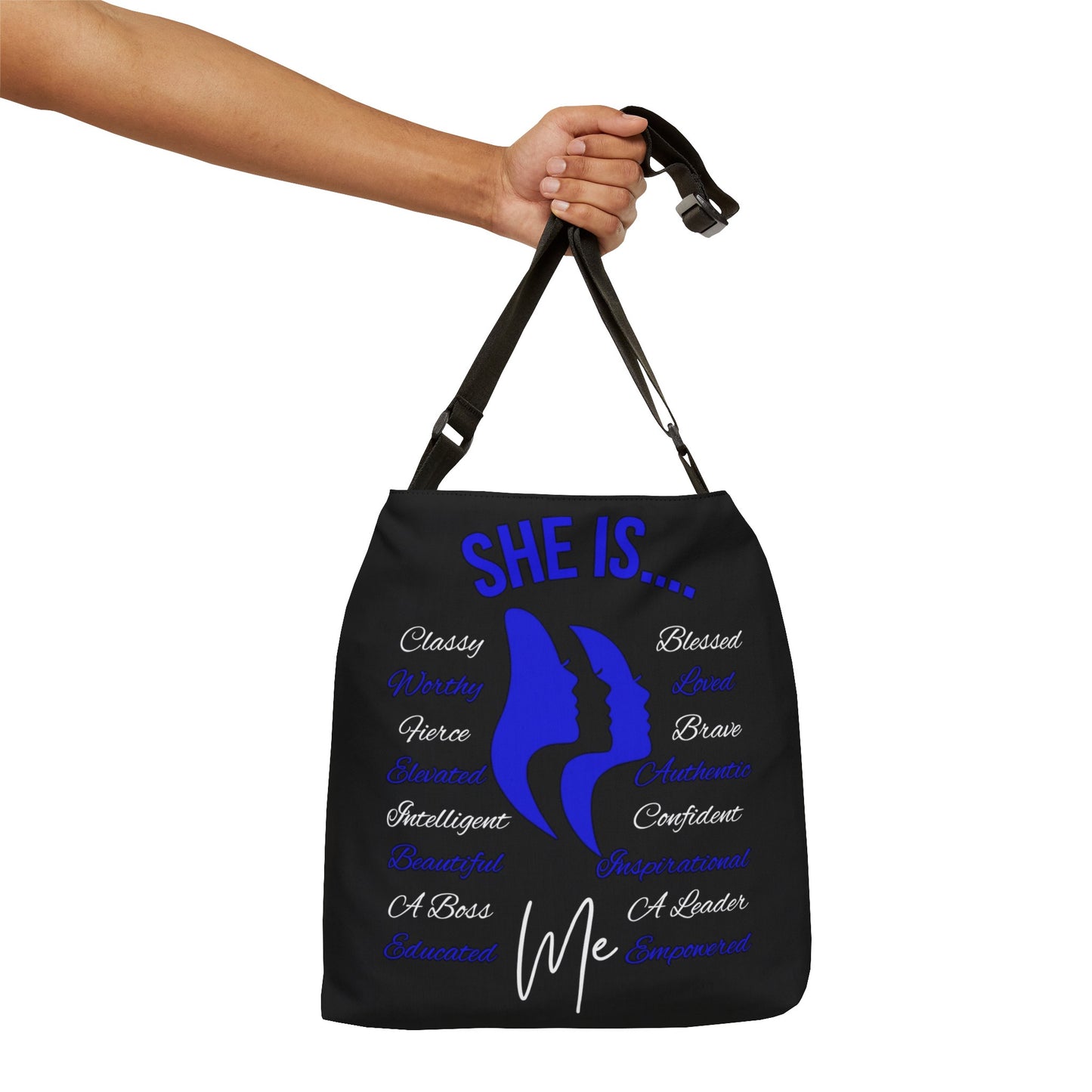 She Is... Adjustable Tote Bag (AOP) Blue & White