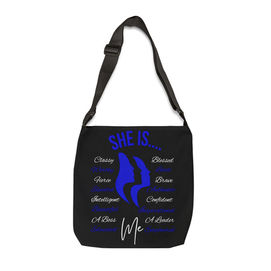 She Is... Adjustable Tote Bag (AOP) Blue & White