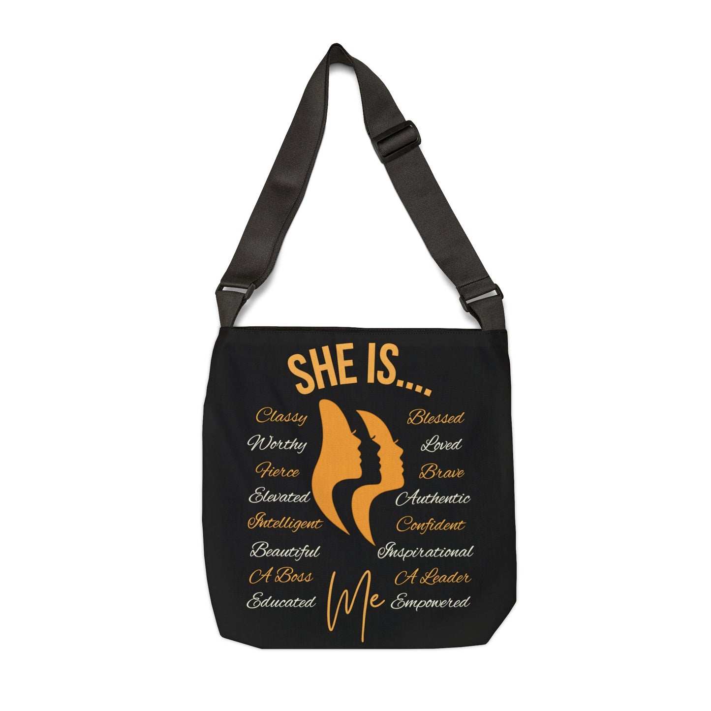 She Is... Adjustable Tote Bag (AOP) Apricot & Cream