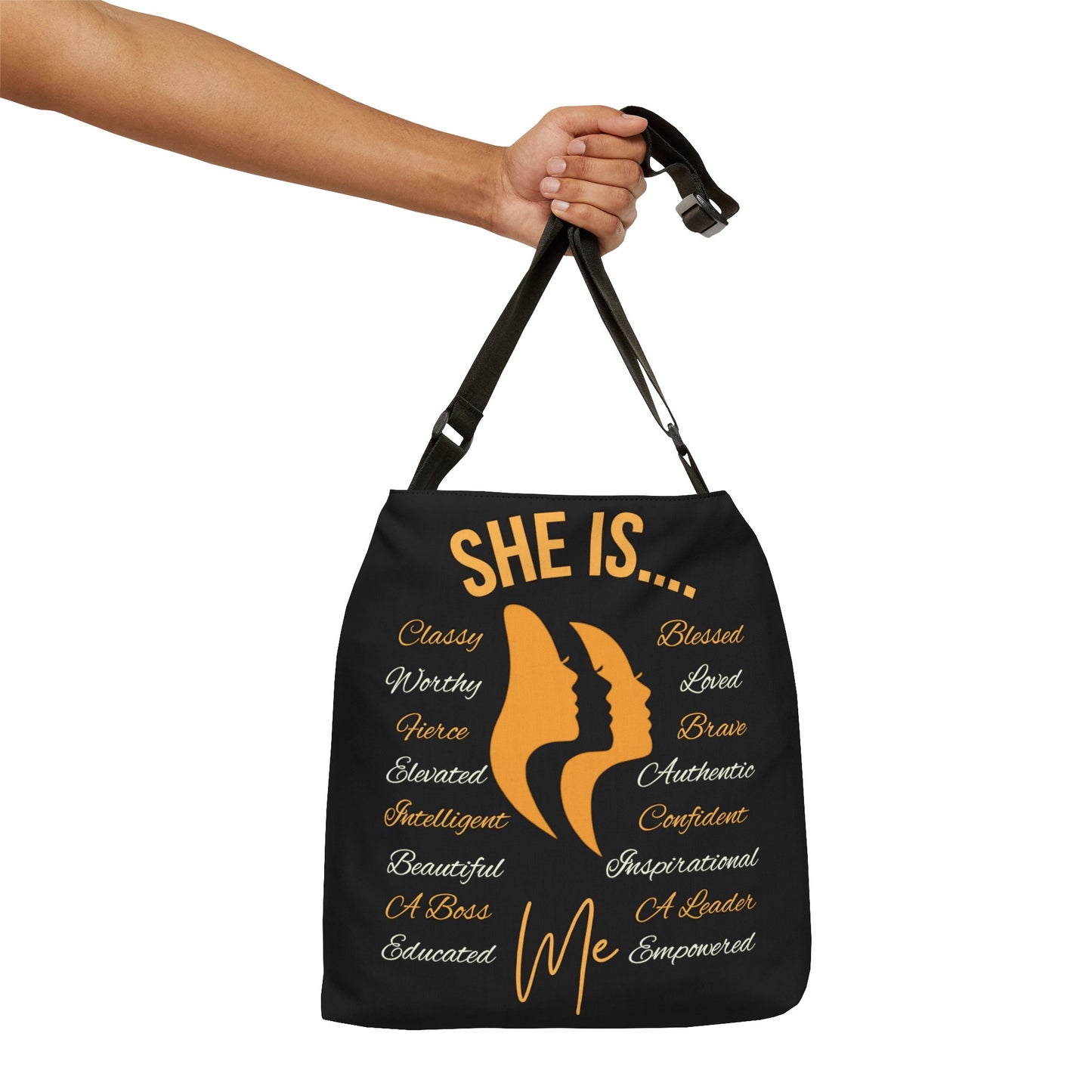 She Is... Adjustable Tote Bag (AOP) Apricot & Cream