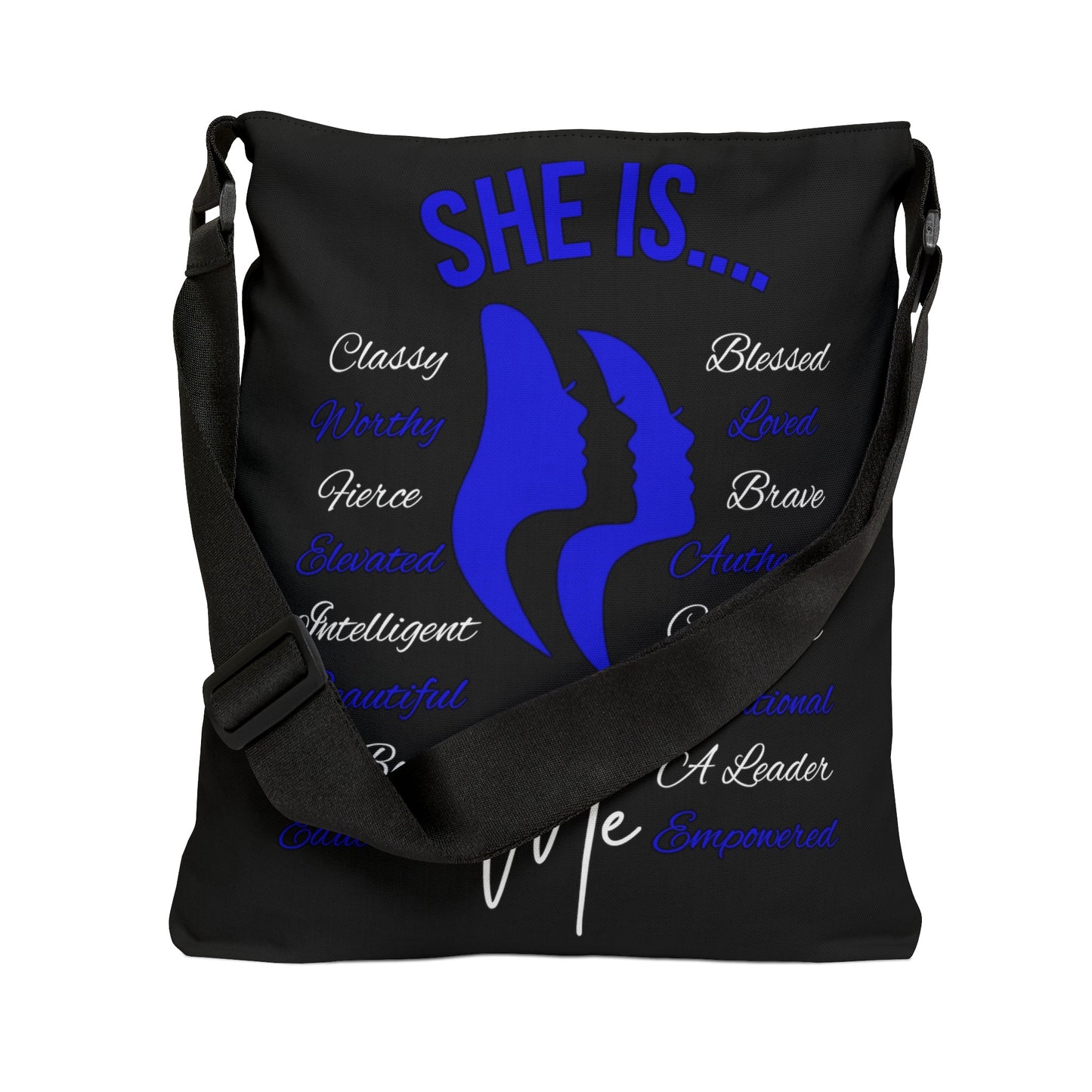 She Is... Adjustable Tote Bag (AOP) Blue & White