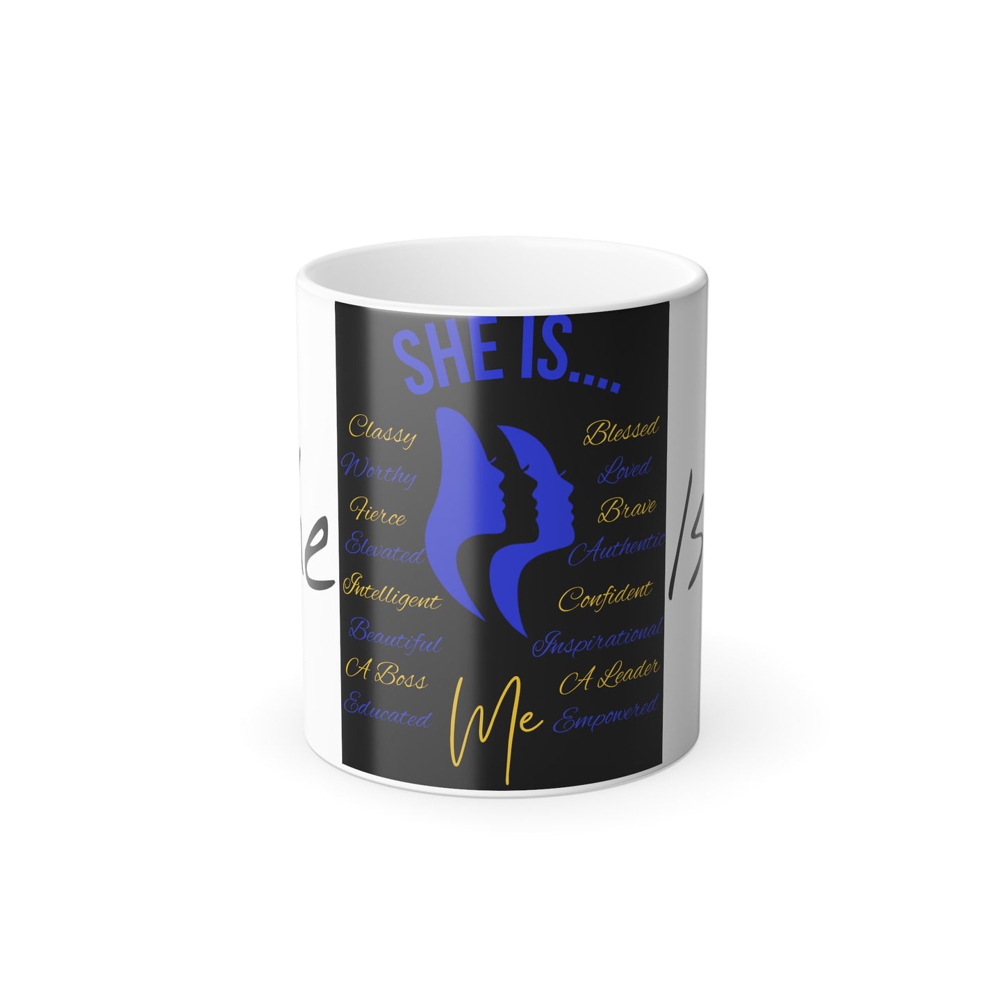 She Is...Morphing Mug, 11oz Blue & Yellow Centered