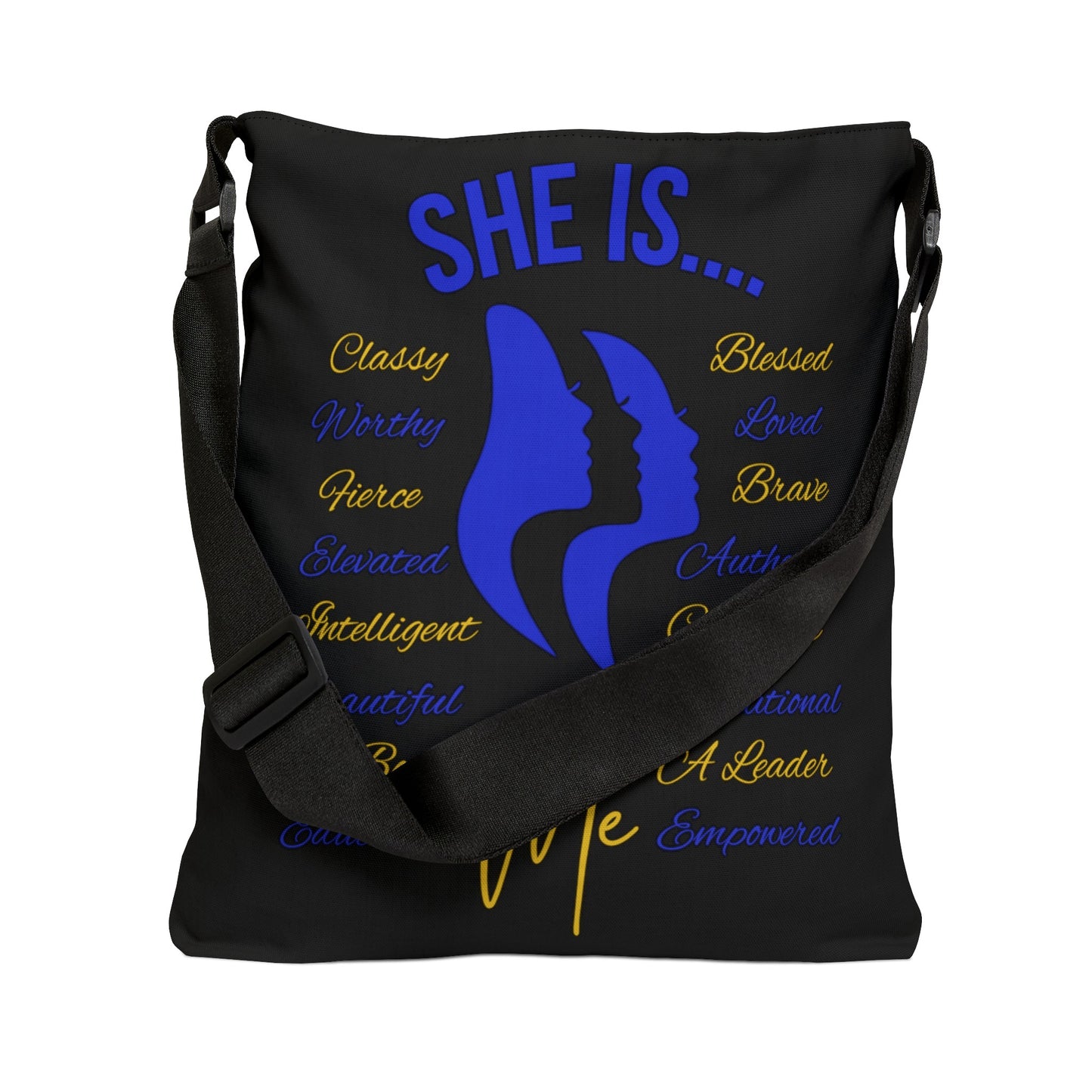 She Is... Adjustable Tote Bag (AOP) Blue & Yellow