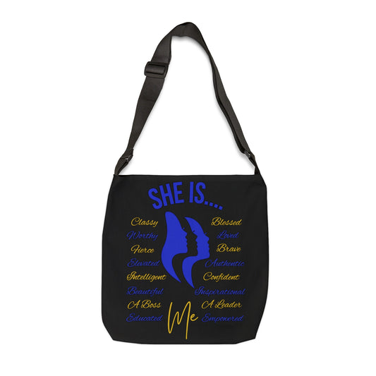 She Is... Adjustable Tote Bag (AOP) Blue & Yellow
