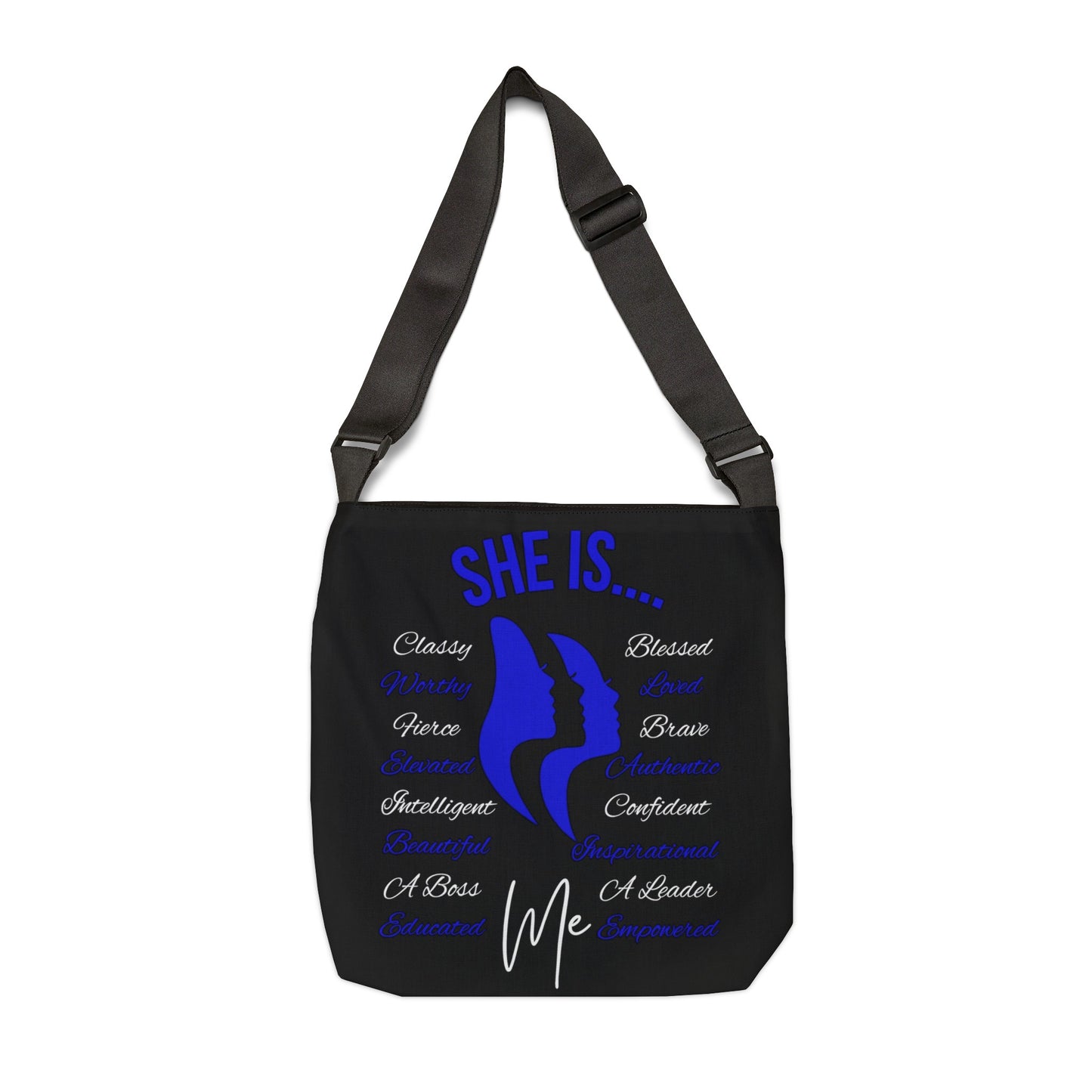She Is... Adjustable Tote Bag (AOP) Blue & White