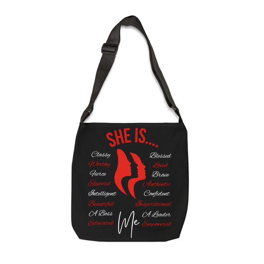 She Is... Adjustable Tote Bag (AOP) Red & White
