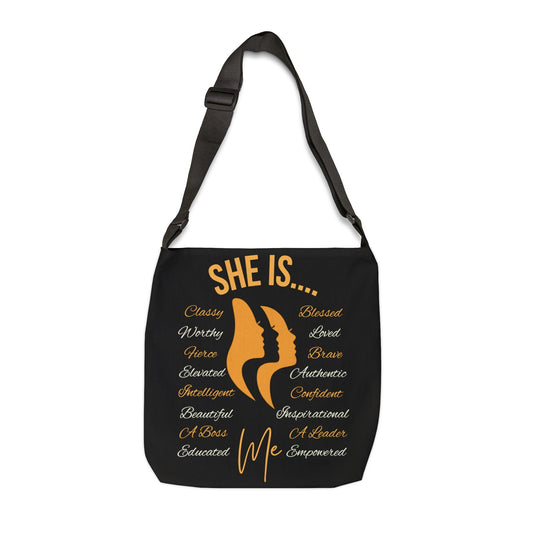 She Is... Adjustable Tote Bag (AOP) Apricot & Cream