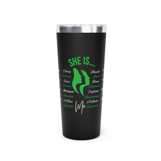 She Is... Copper Vacuum Insulated Tumbler, 22oz Green & White