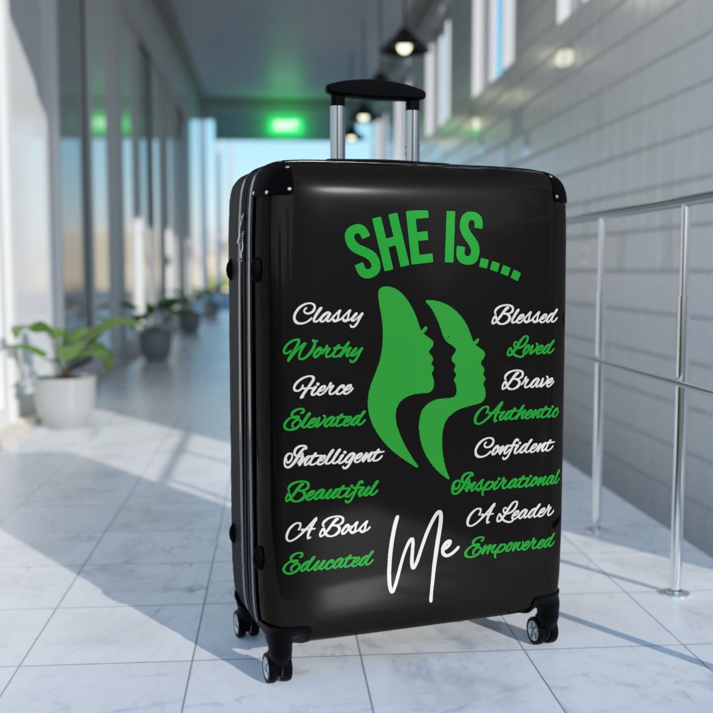 She Is...Travel Luggage Green & White