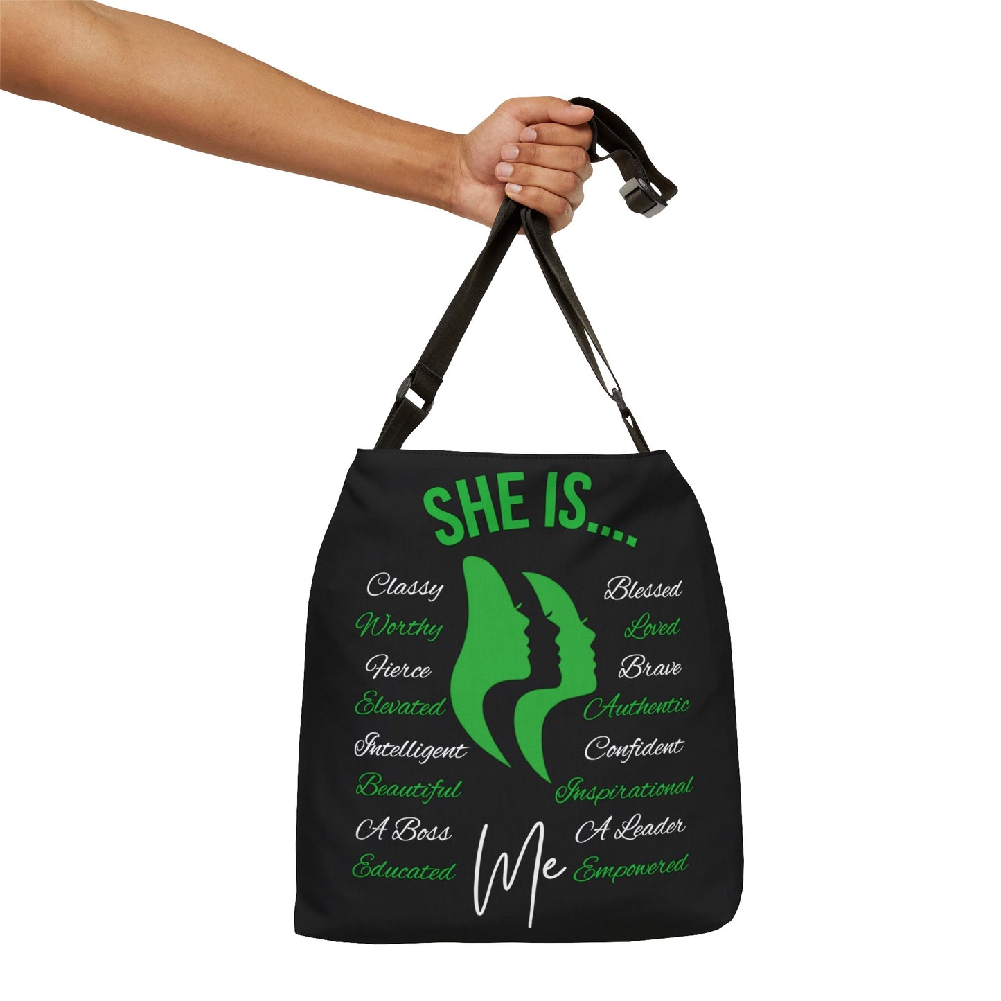 She Is... Adjustable Tote Bag (AOP) Green & White