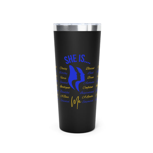 She Is... Copper Vacuum Insulated Tumbler, 22oz Blue & Yellow